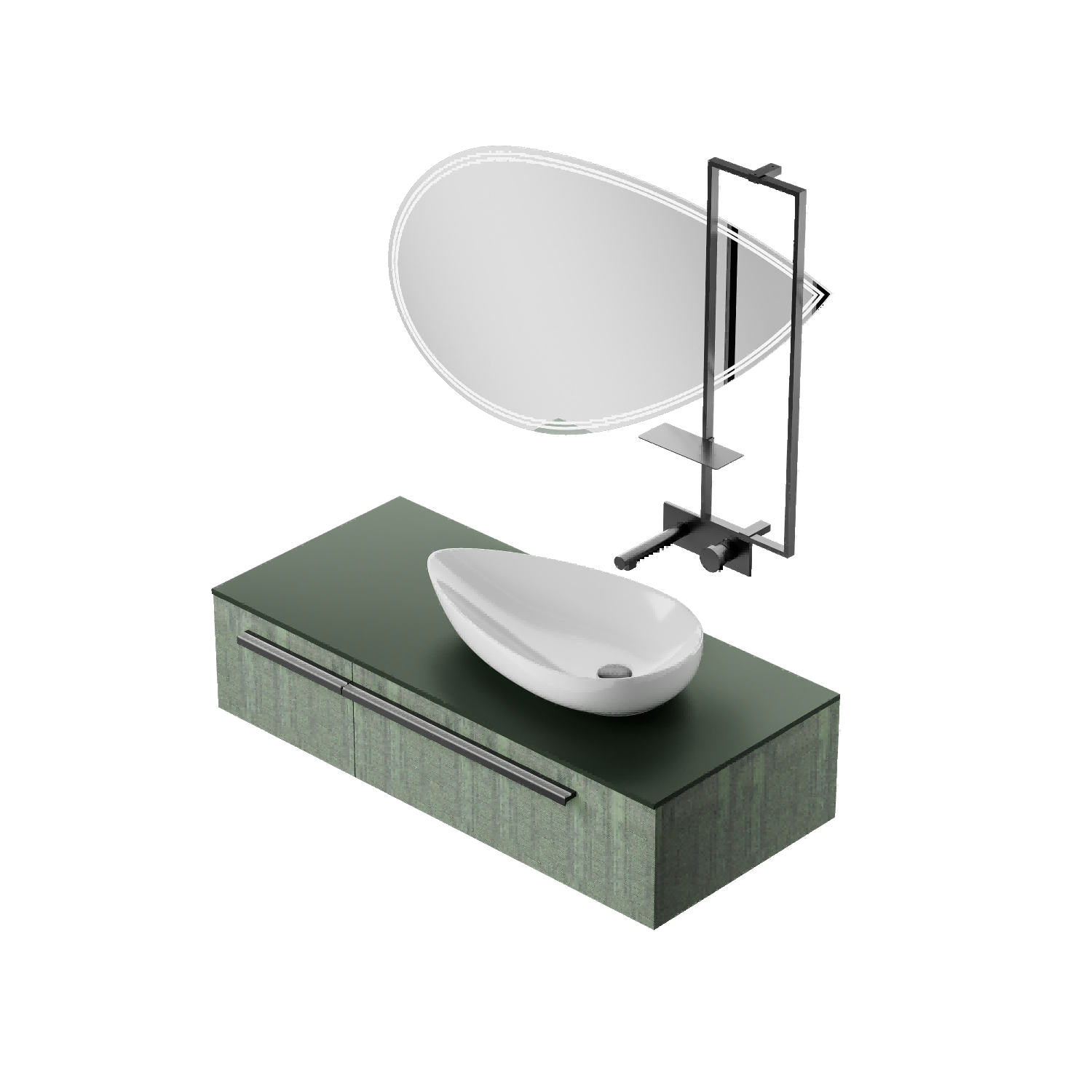 Modern and unique design teardrop-shaped waterproof plywood mirror cabinet set with storage rack  FLOW-1200