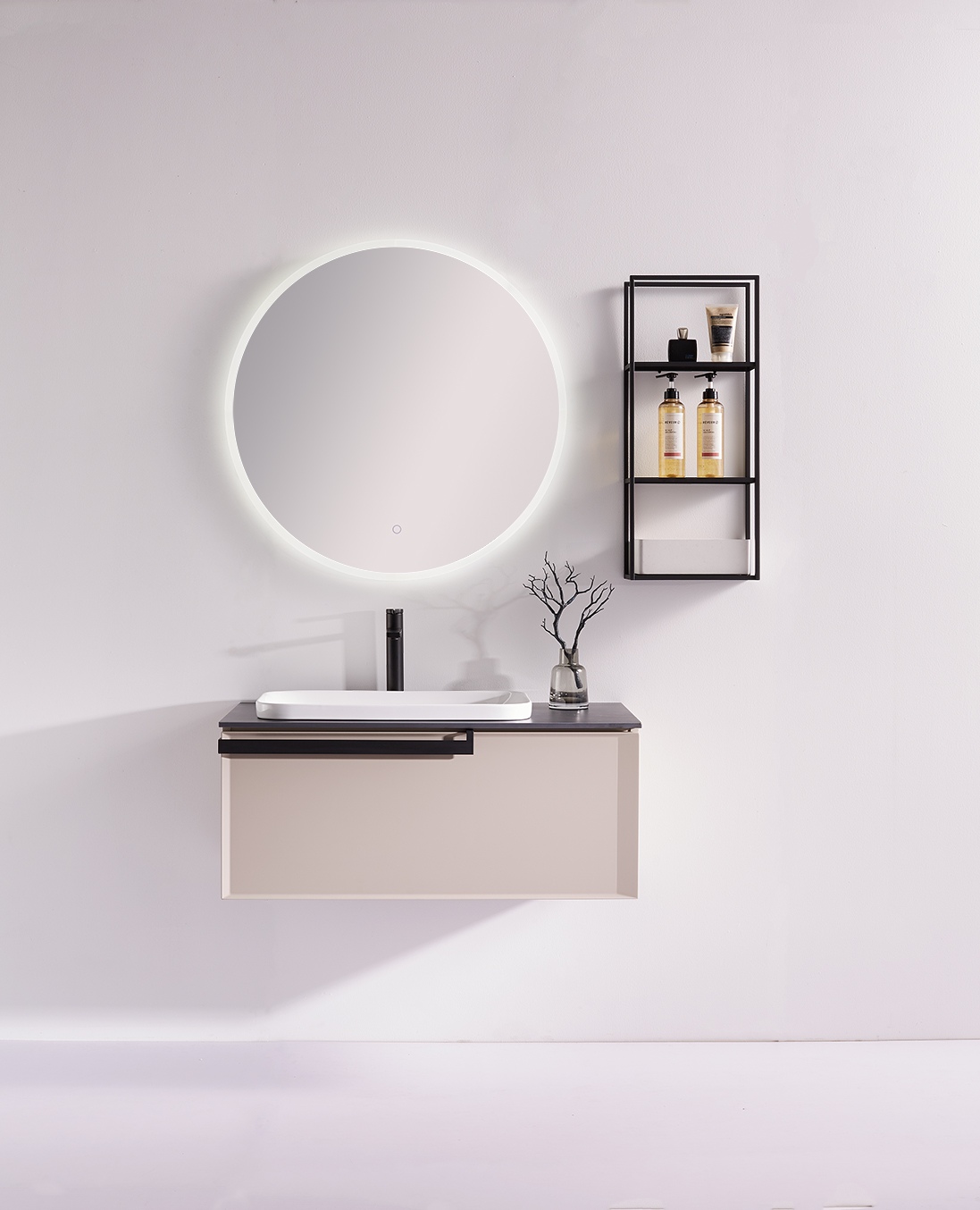 Modern apartment bathroom round mirror cabinet set with stainless steel shelf  LOCA-900