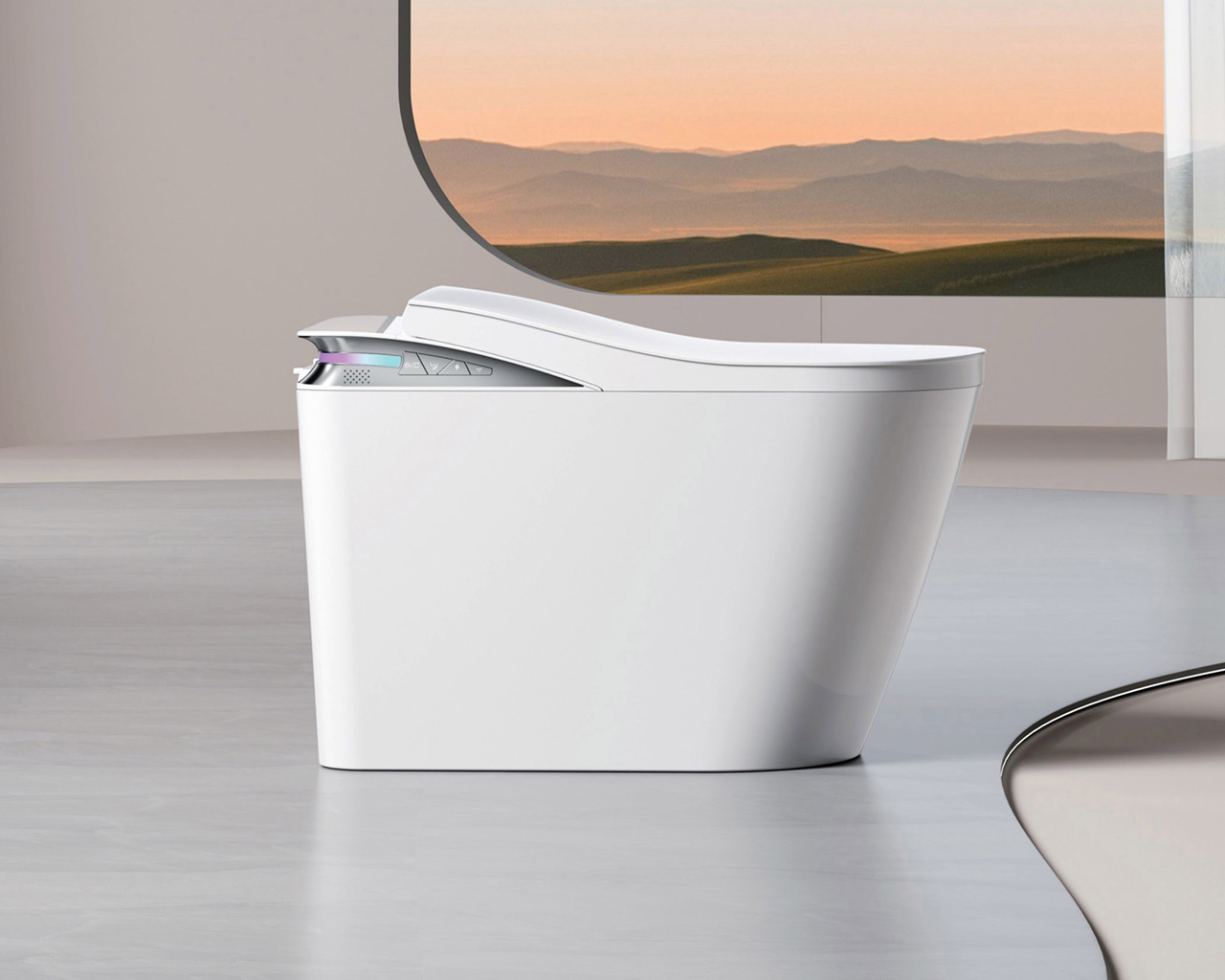 Modern luxury bathroom features an integrated smart toilet with deodorizing aroma function and multiple functions  K2