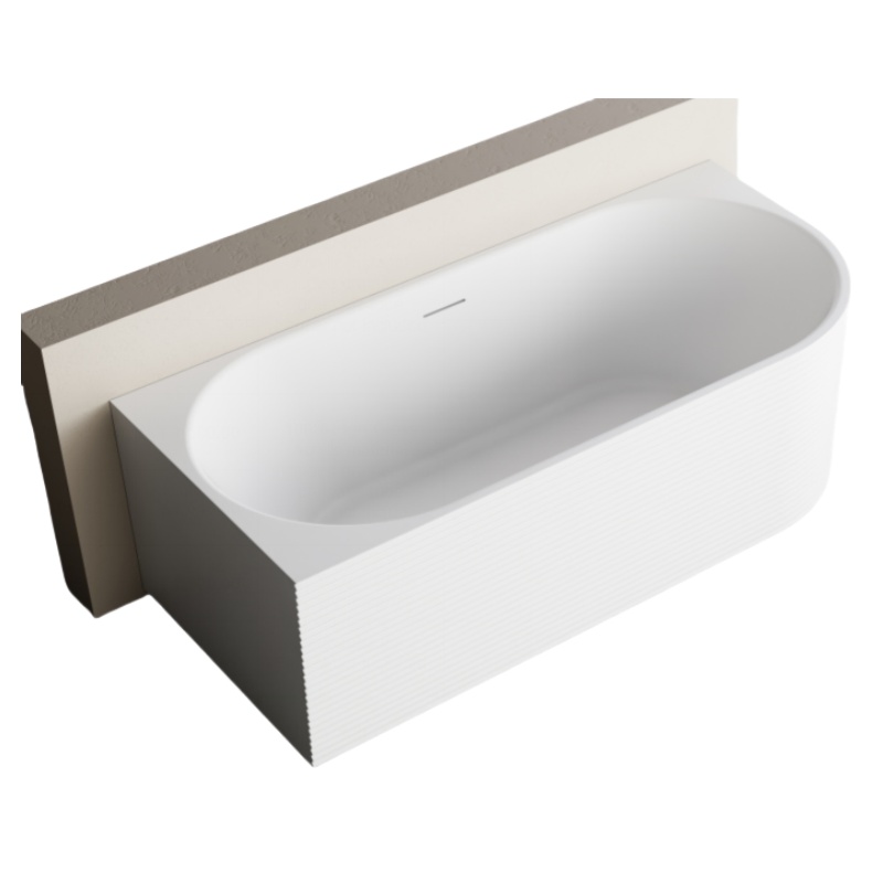 An independent white acrylic corner bathtub with a textured surface design  7883